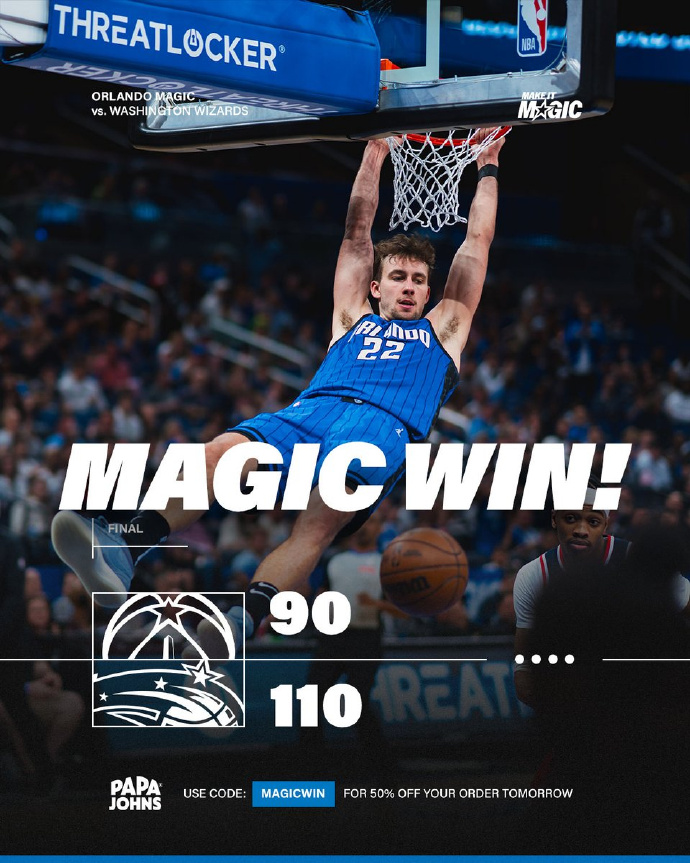 魔术 110-90 大胜奇才，终结两连败，送奇才六连败